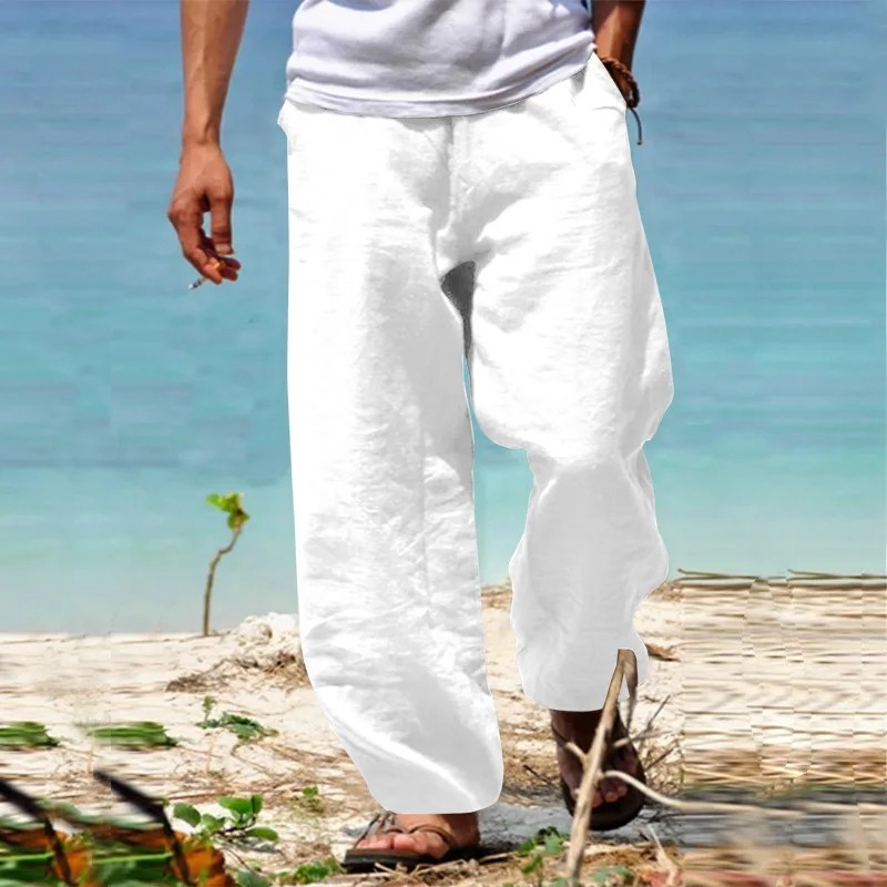 Mens Cotton Linen Loose Pants Casual Drawstring Beach Yoga Baggy Long Trousers