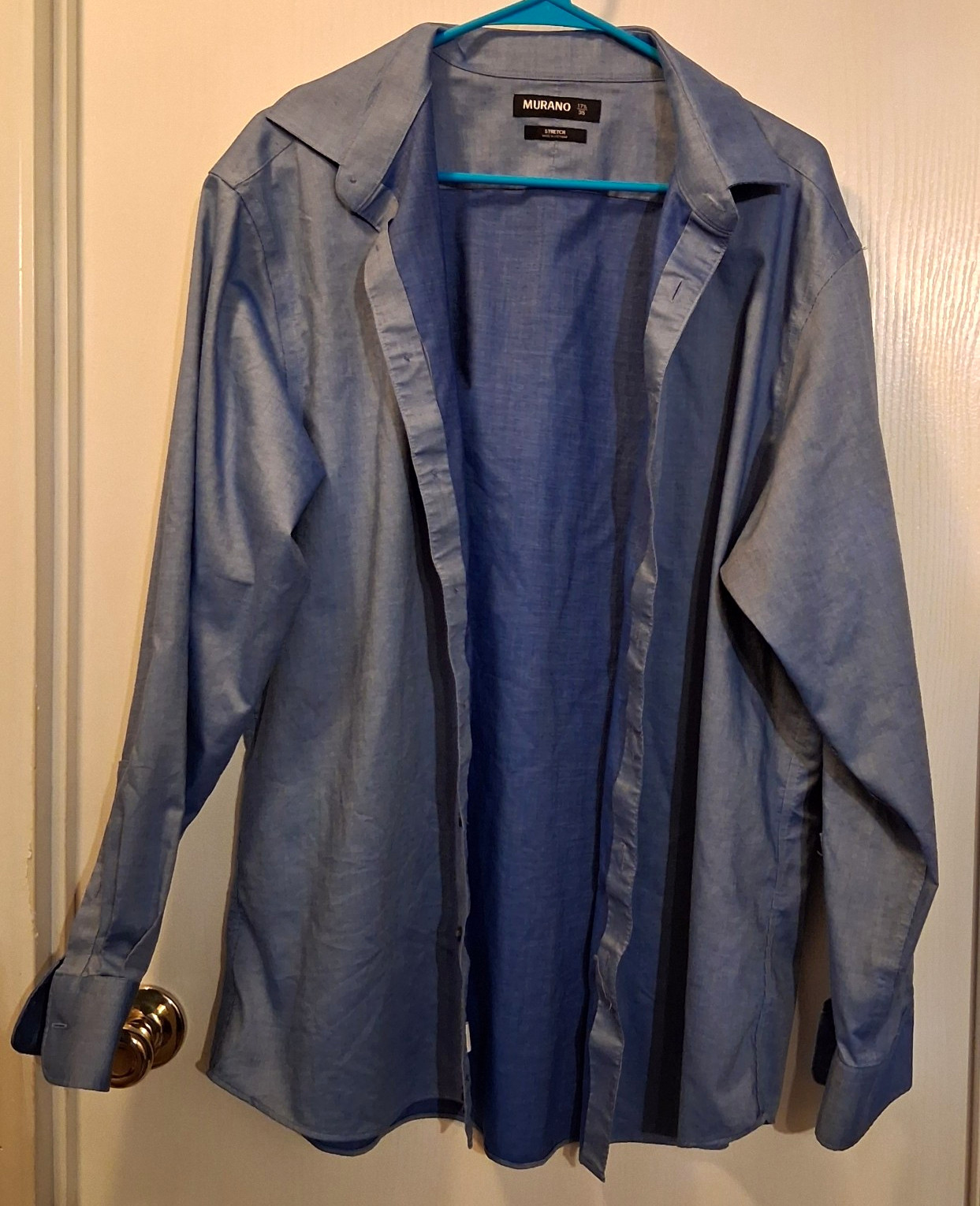 Murano Blue Stretch Cotton Solid Point Collar Dress Shirt 17.5 35 Long Sleeve