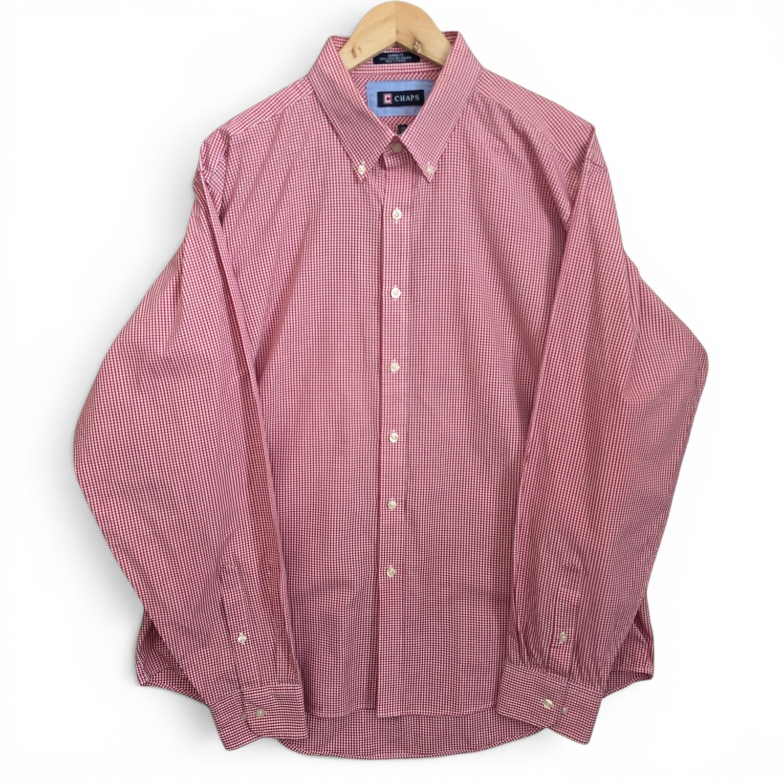 Chaps Shirt Mens 17.5 36/37 Red Check Button Down Classic Fit Wrinkle Free