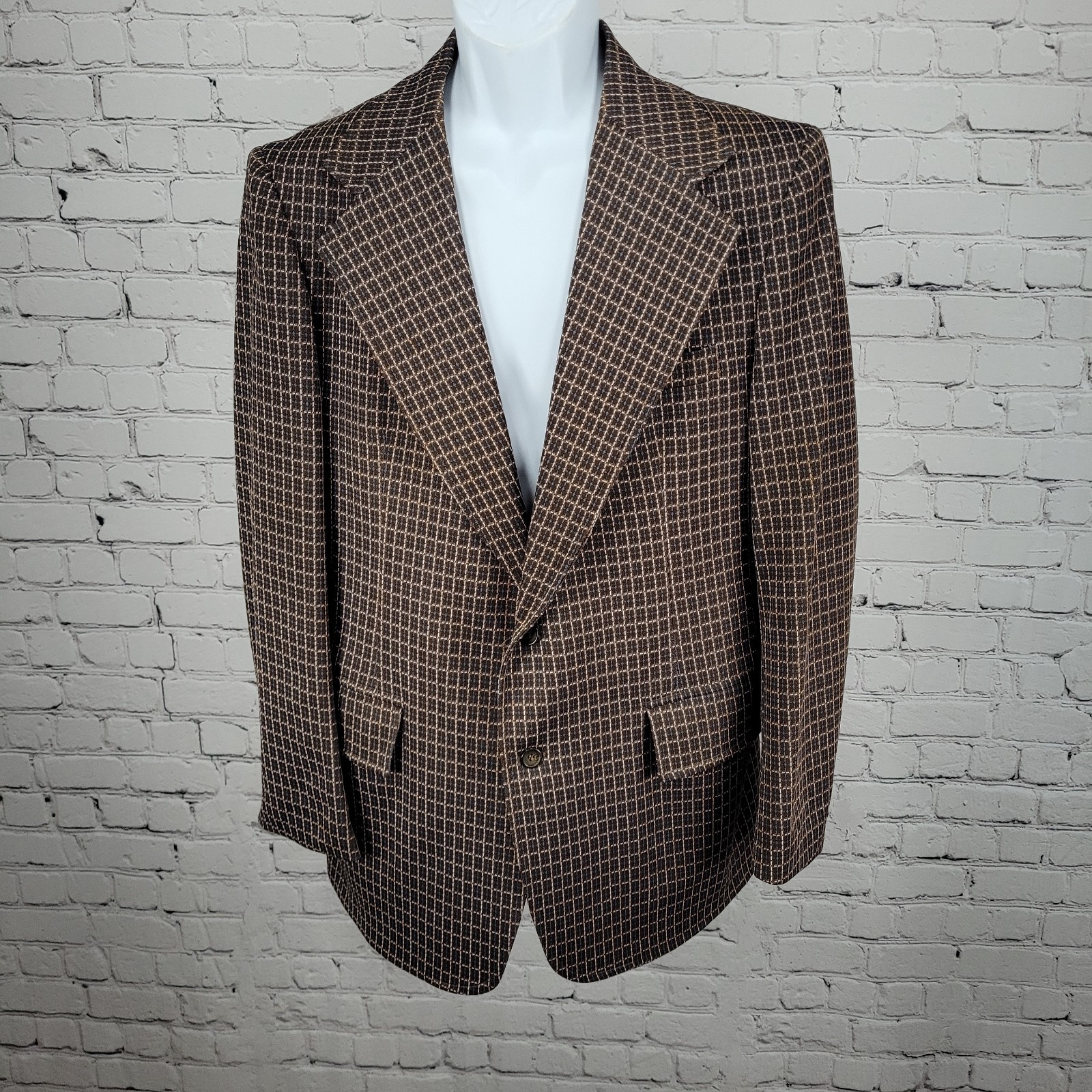 VTG USI Brown Blue 2 Button Double Vented Notch Blazer Retro Sport Coat USA 40