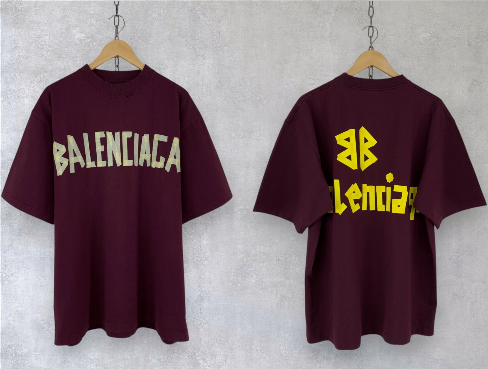 Balenciaga Tape Type Logo Cotton Crewneck Short Sleeve Burgundy T-shirt Size M