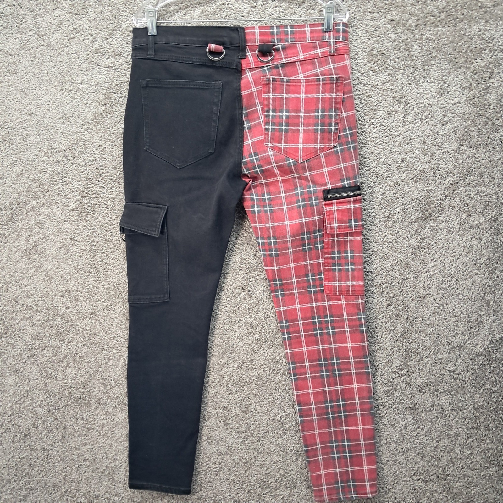 HT Denim Stinger Split Leg Black Red Plaid Skinny Cargo Pants Mens 36×30 D-Ring