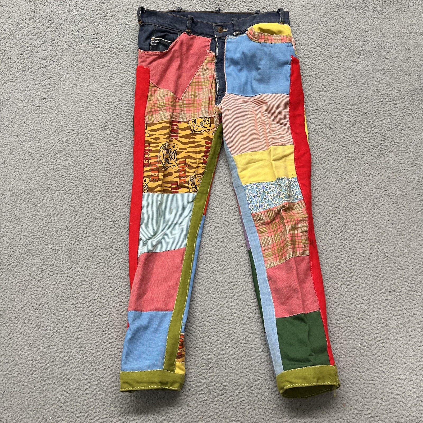 Patchwork Jeans Mens 34×30 Custom Y2K Art To Wear Slim Straight 70s Style