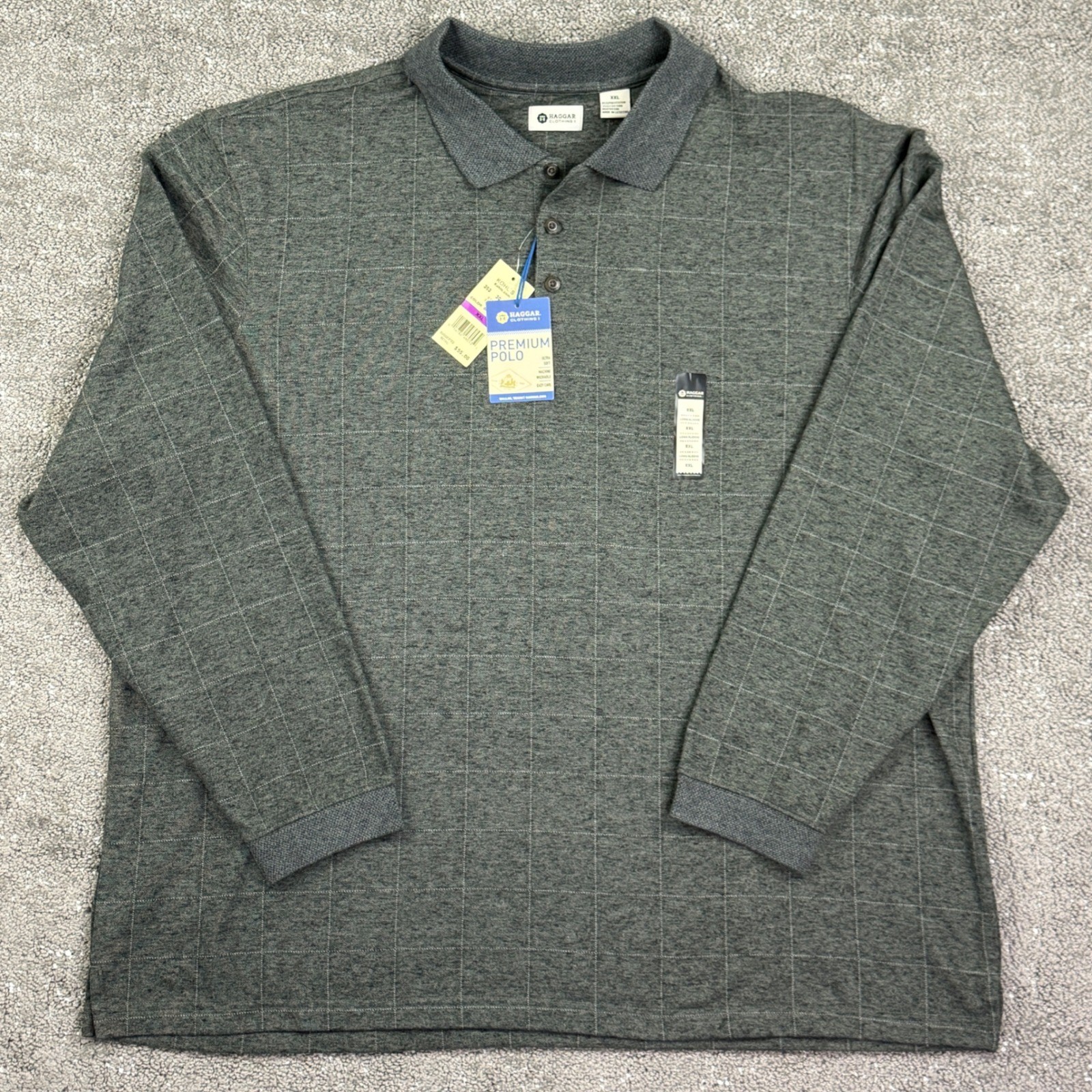 Haggar Premium Polo Mens XXL Grey Long Sleeve Grid Pattern Shirt NWT