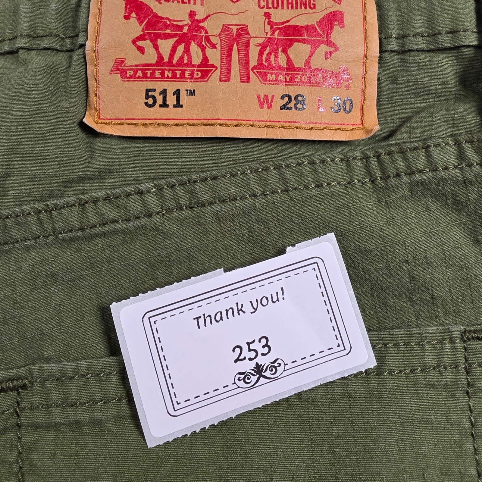 Levi’s 511 Slim Fit Pants Mens 28×30 Olive Green Chino 04511-4900 Water Less