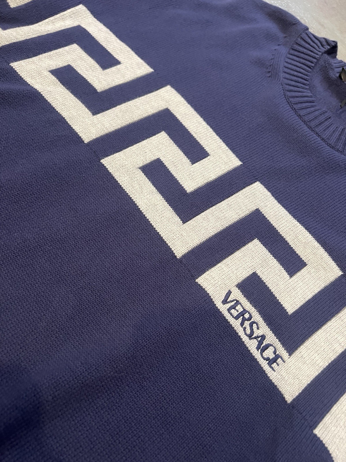 Versace Greca Knit Cotton Sweater Blue 50 Euro (Large) 1021724 NWT $1125