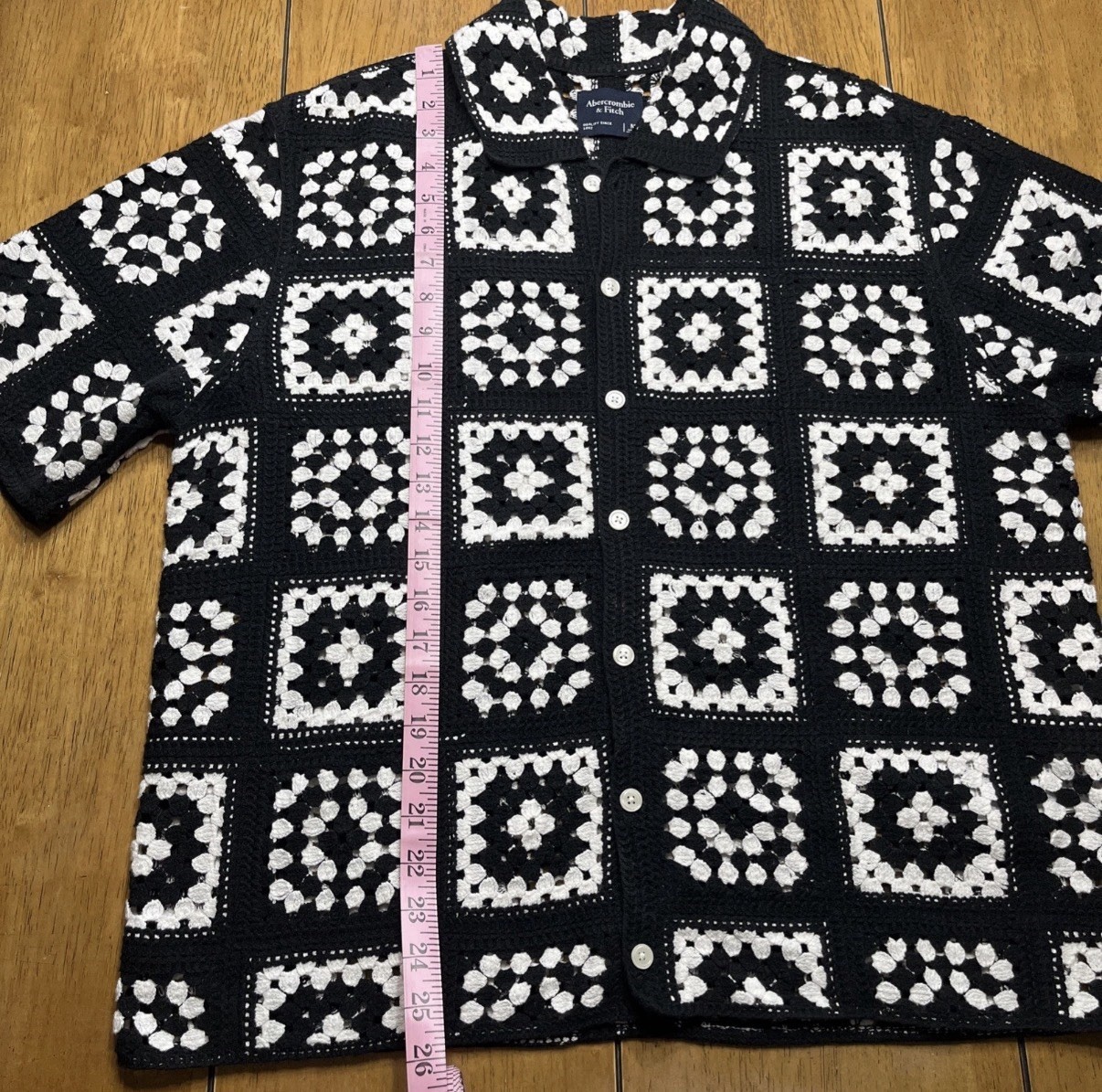 Abercrombie & Fitch Crochet Granny Square Button Shirt Medium Black White Boho