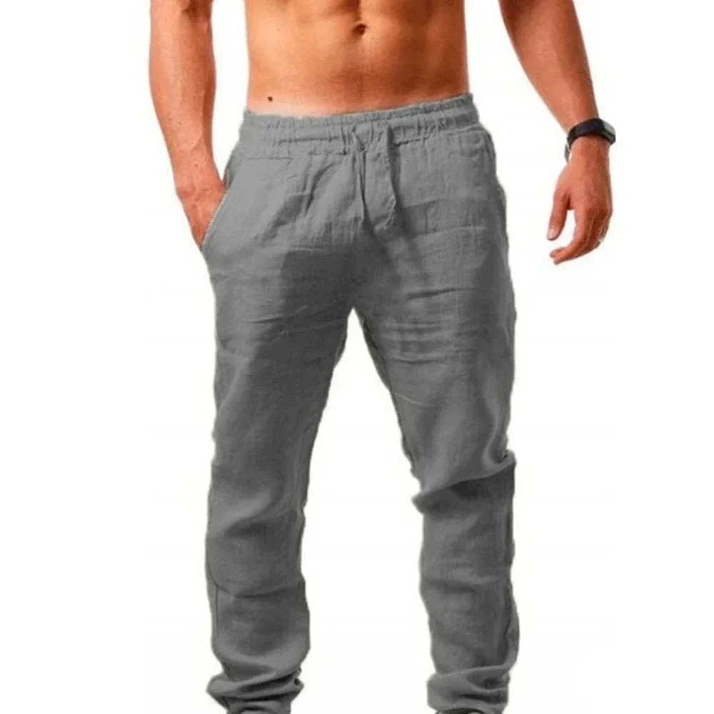Men’s Cotton Linen Pants Breathable Casual Trousers Elastic Fit Summer Gym Gift