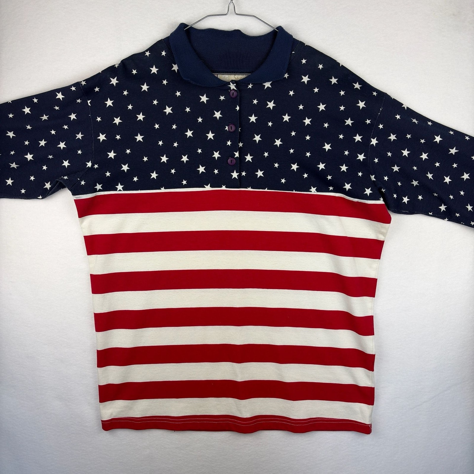 Vintage 1995 American Flag Long Sleeve Polo Shirt with Star Sleeves