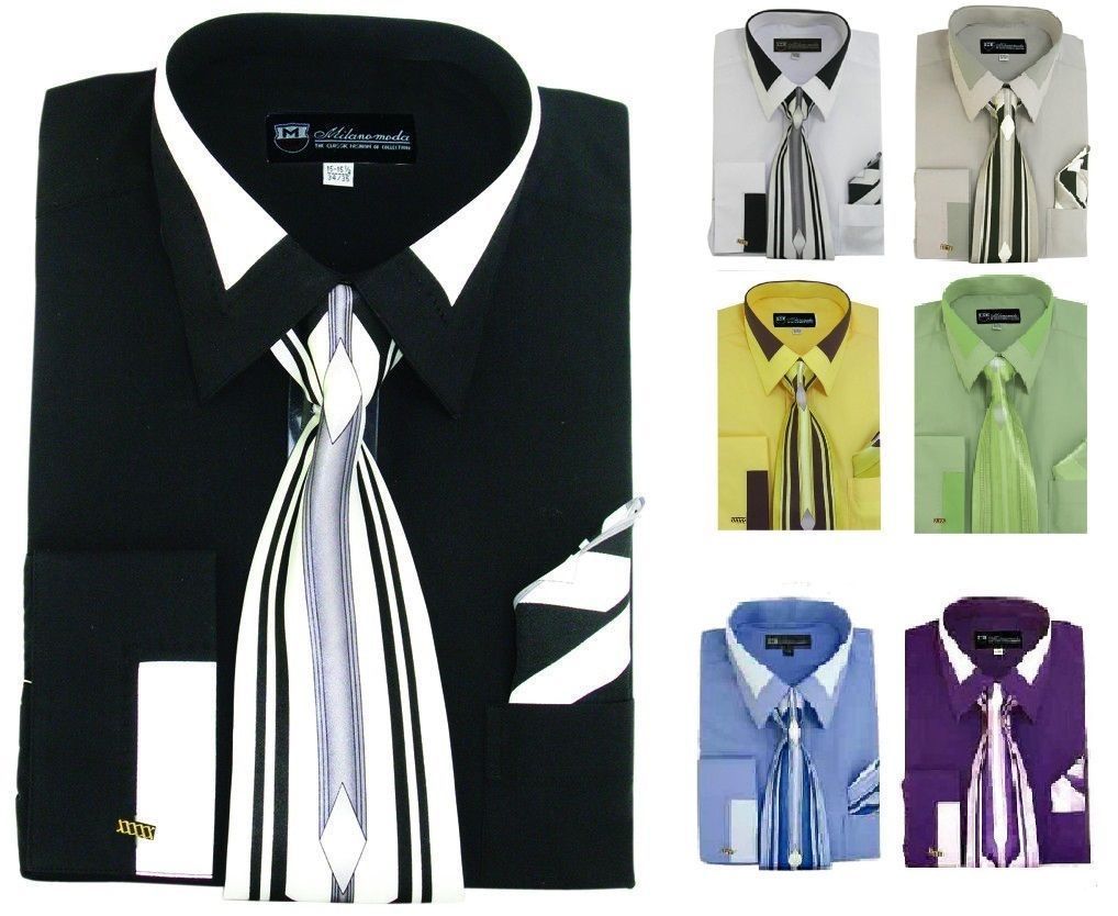 Men’s French Cuff Dress Shirt with Tie and Handkerchief #34 Blue Gold White