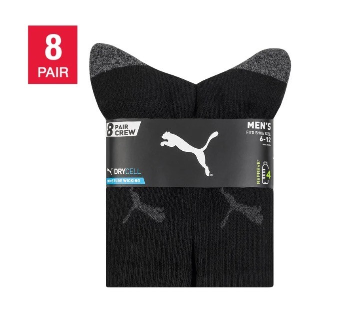 PUMA Men’s Crew Sock, 8-pair DryCell Fits shoe size 6-12 White or Black