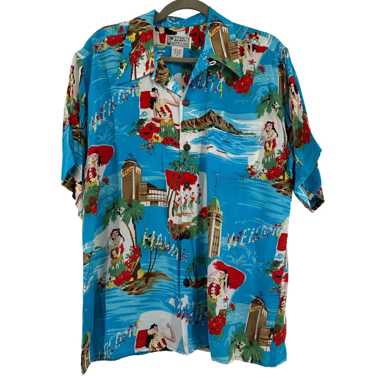 Avanti Hawaiian Silk Shirt Mens Medium Blue Aloha Hula Girl Tropical Print