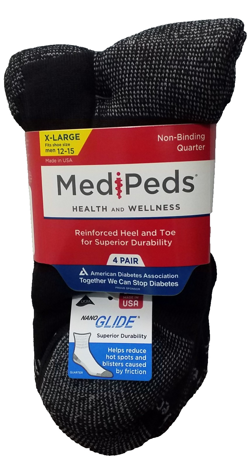 Genuine Medipeds Diabetic Ankle Socks *Fits Men Shoe 12-14 Black 4 – Pack