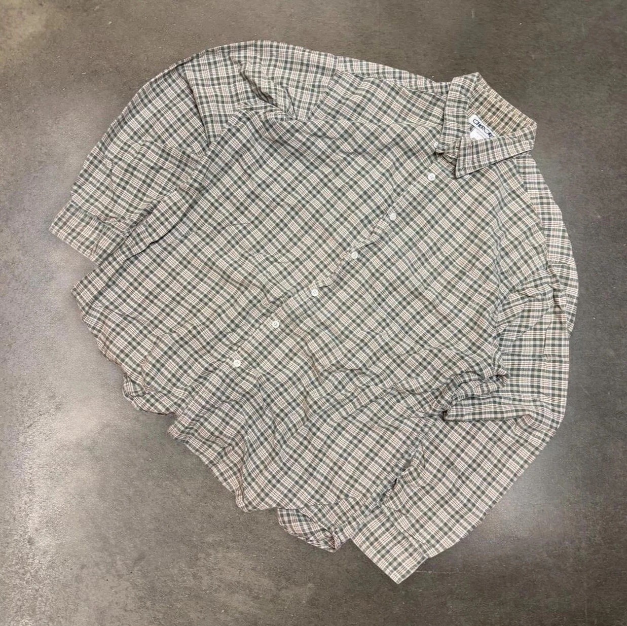 Cherokee Green/Beige Plaid Woven Cotton Long Sleeve Point Collar Shirt L
