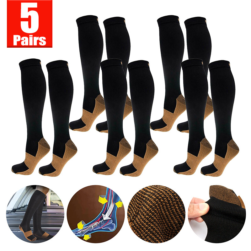 5 Pairs Copper Compression Socks 20-30mmHg Graduated Support Mens Womens S/M-XXL