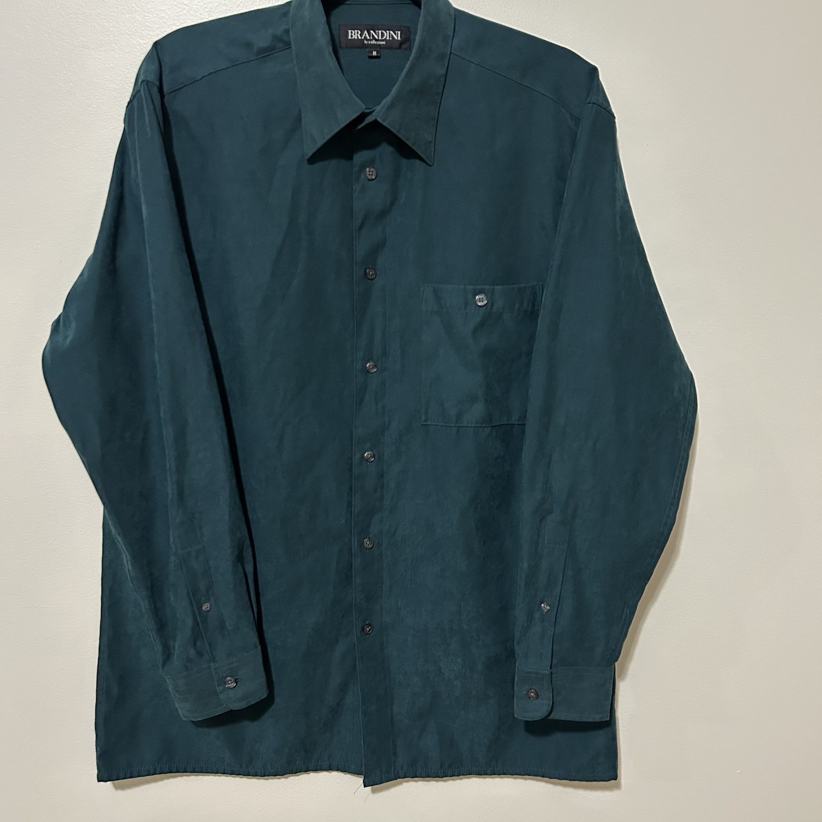 Brandini Mens Button Down Dress Shirt Size Medium Dark Green Suede Long Sleeve