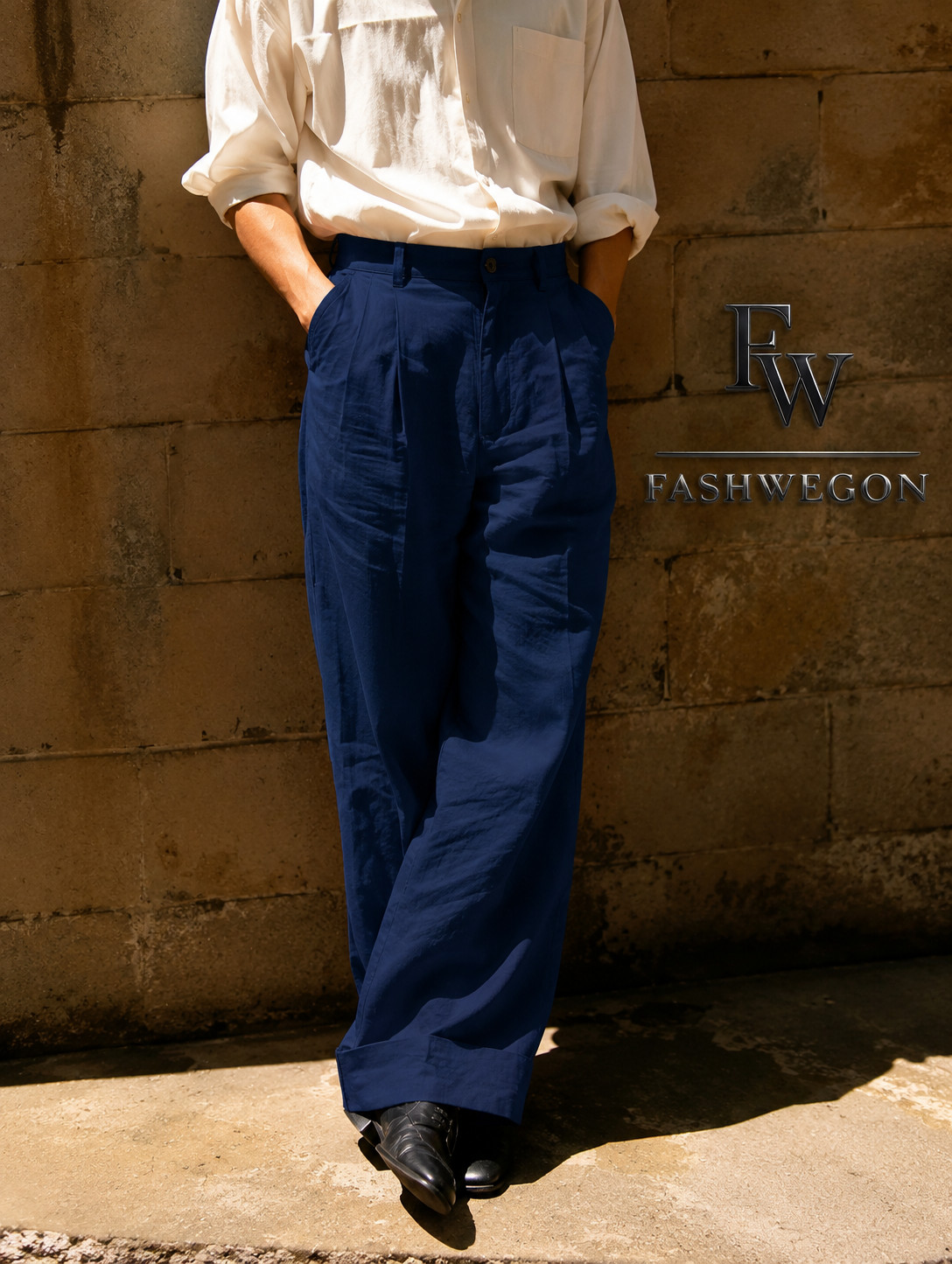FASHWEGON Men’s Navy Blue Linen Pleated Wide Leg Trousers | Relaxed Fit