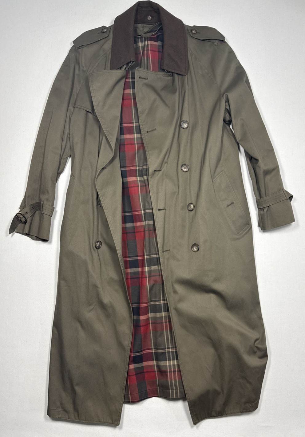 London Fog 42 Long Tempo Europa Trench Coat Khaki Belted NO LINER Vintage