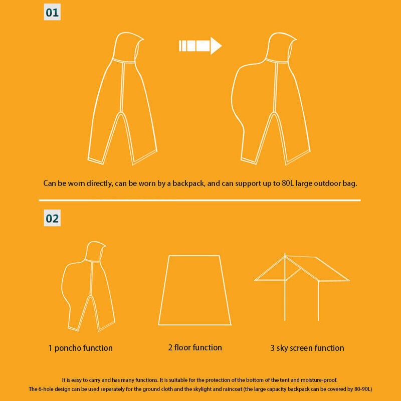 3 in 1 Multifunctional Raincoat Waterproof Rain Poncho Backpack Hiking RainCover