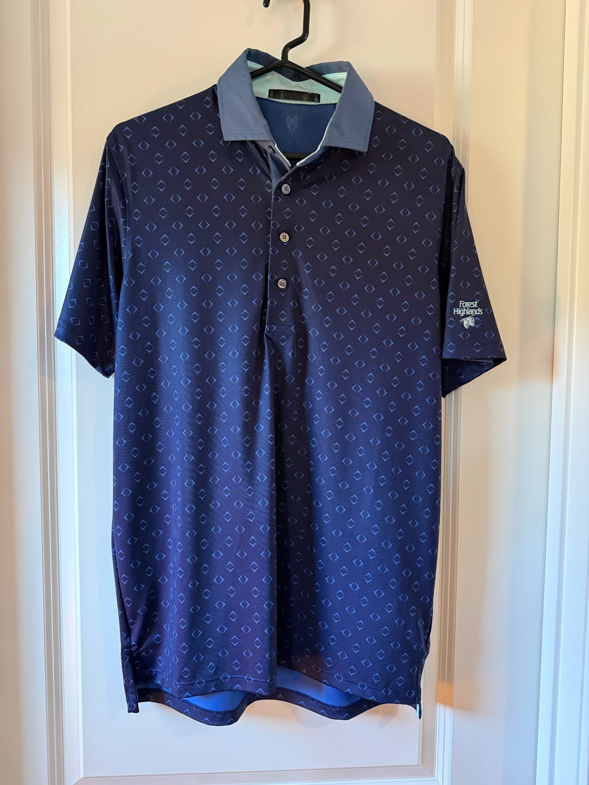 Greyson Golf Polo Shirt Men’s Small Blue Diamond Print Performance Forest Highla