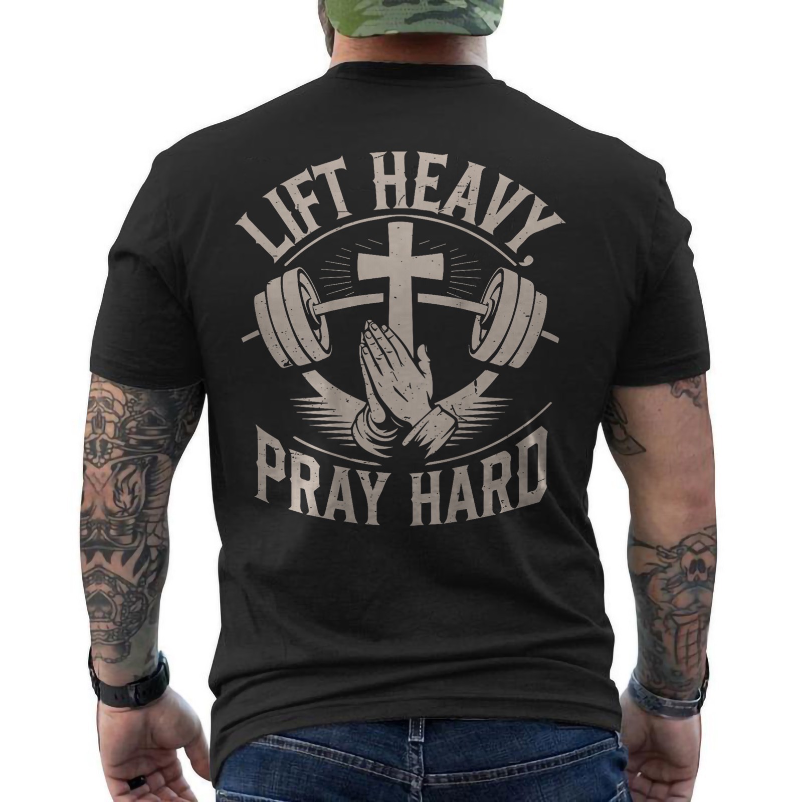 Christian Gym Lift Heavy Pray Hard Workout Graphic ON BACK T-Shirt