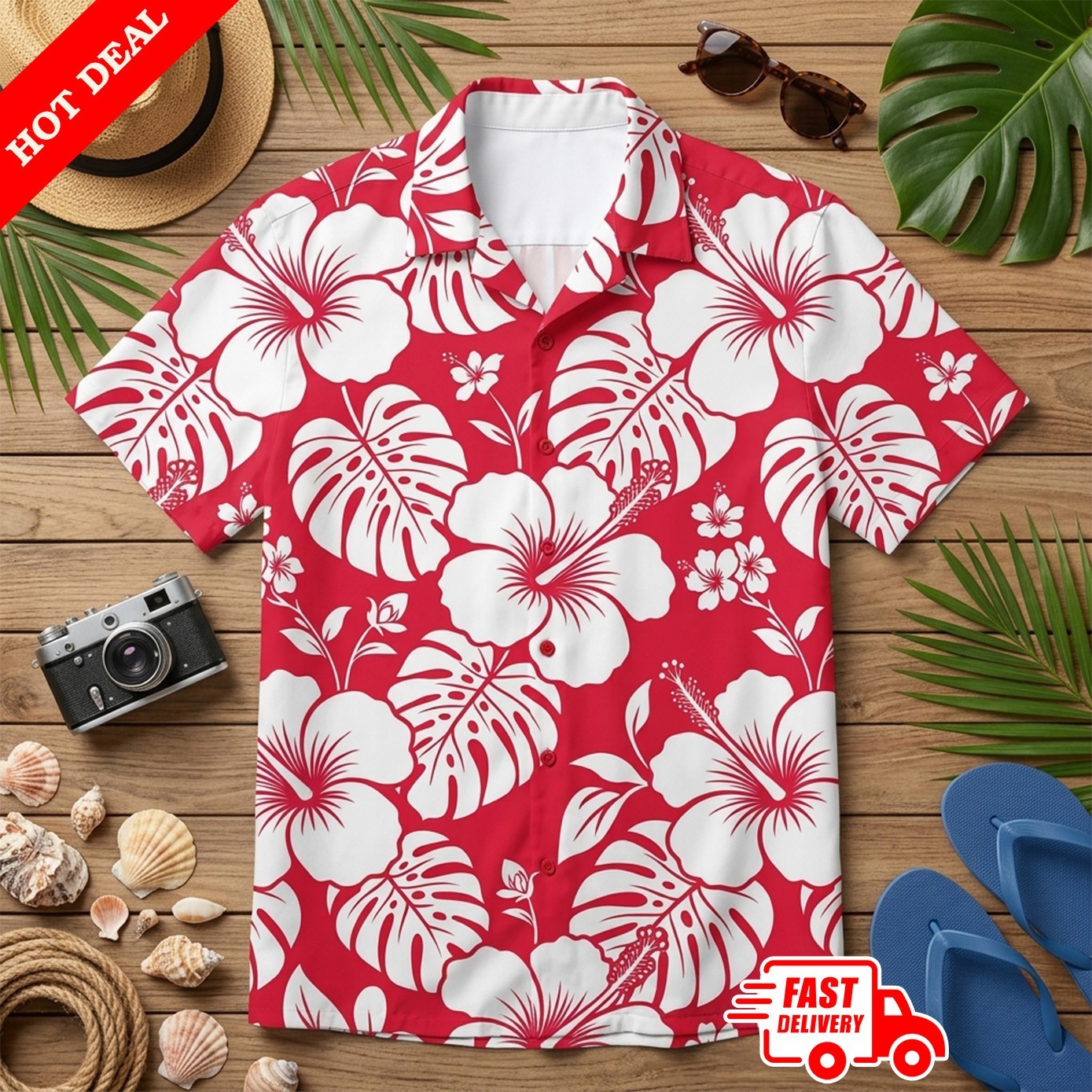Mens Red Hibiscus Hawaiian Shirt Aloha Tropical Floral Button Down Summer Beach
