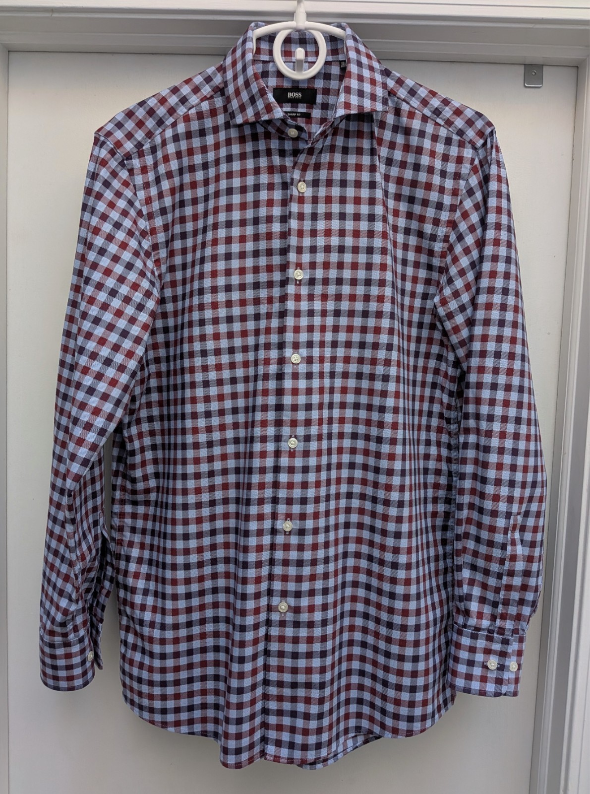 Hugo Boss Sharp Fit Button Up Shirt Blue & Red Check Mens 15.5 R 34 Mislabled