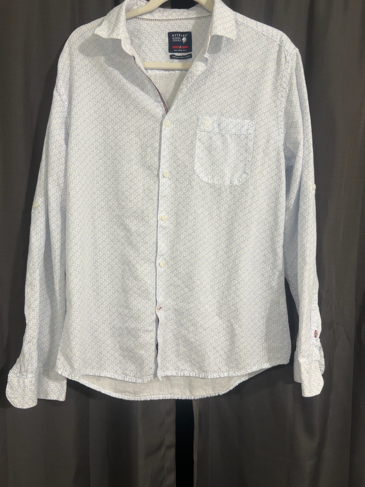 Net Play Mens L White Blue Print Button Up Shirt Linen Cotton Slim Long Sleeve