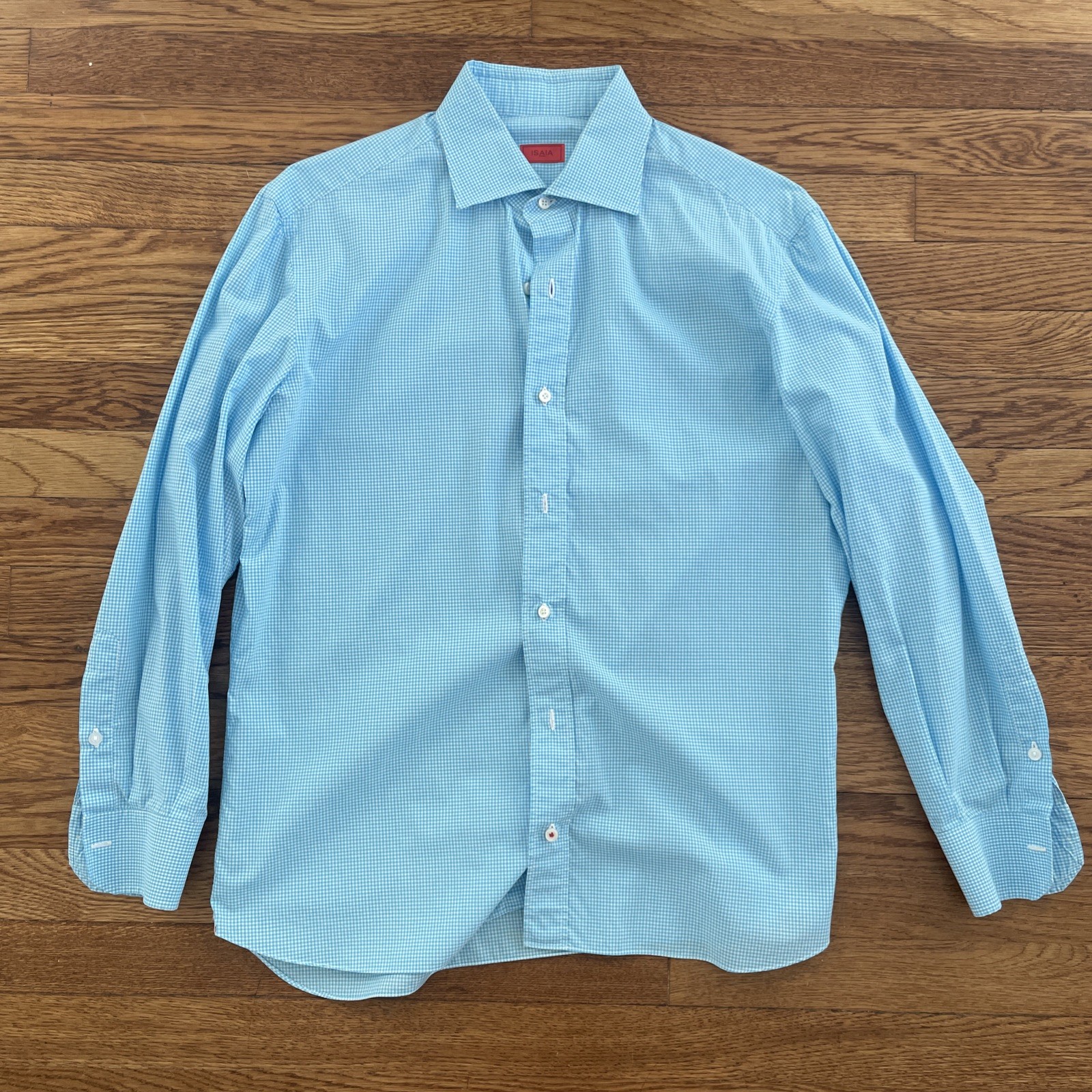 Isaia Napoli Aqua Blue Checker Shirt 16/41 Made In Italy 100% Cotton MOP Buttons