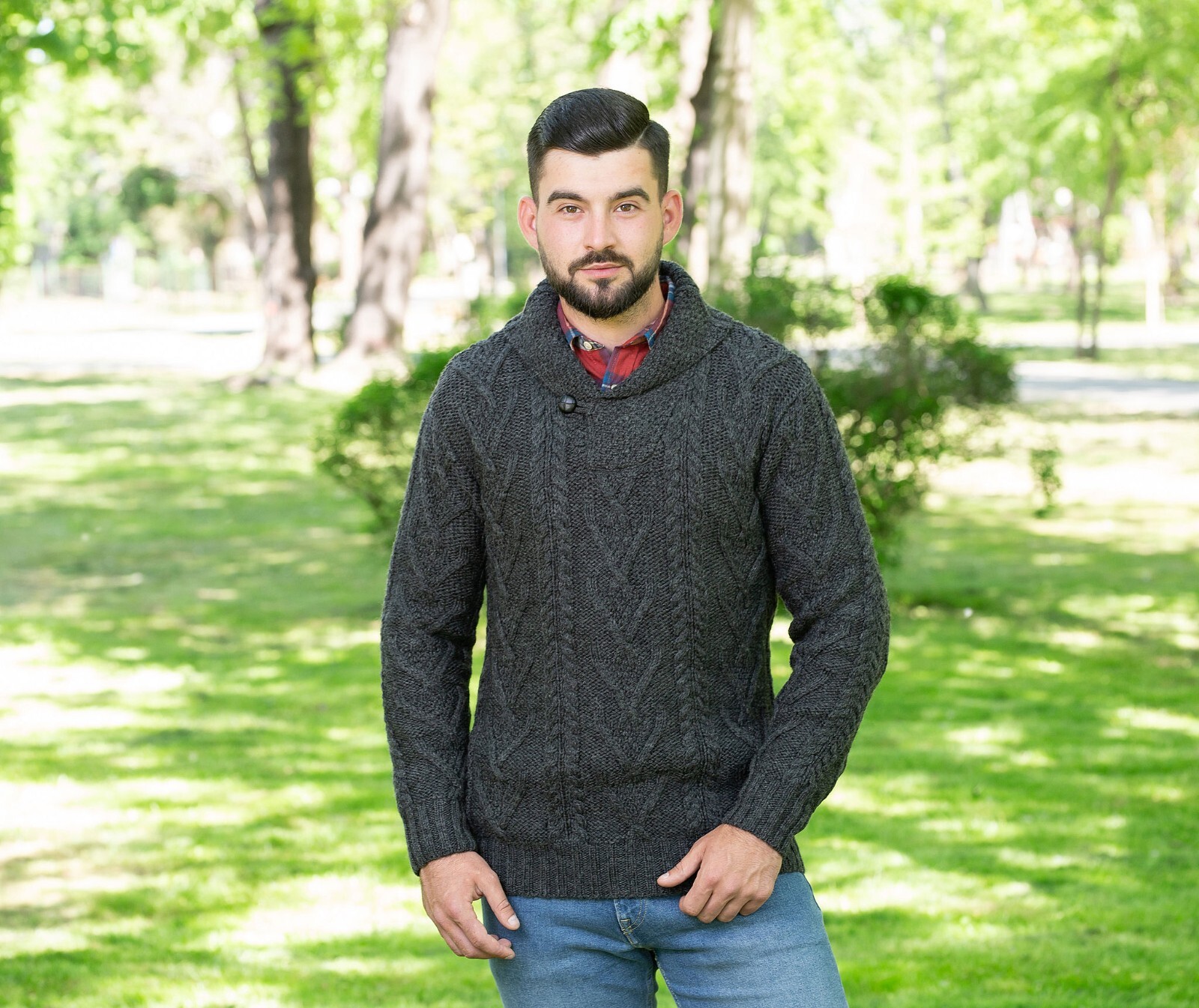 SAOL Aran Irish Fisherman Merino Wool Sweater Men’s Cable Knit Shawl Pullover