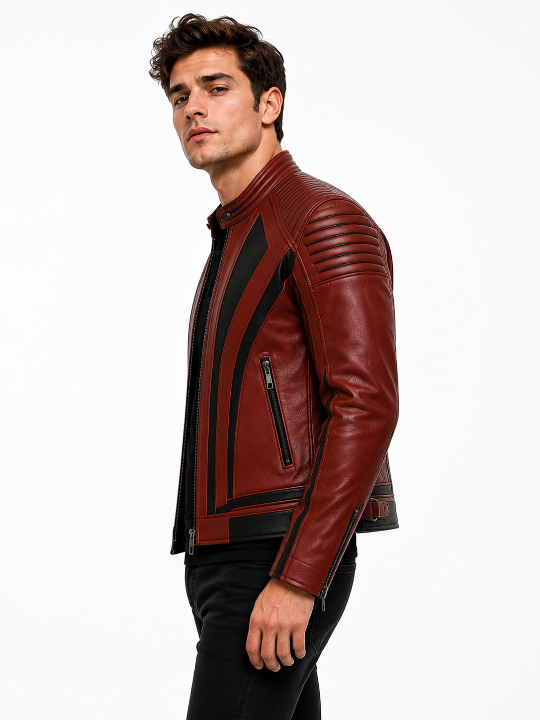 Men’s Burgundy Black Quilted Sheep Leather Biker Jacket Cafe Racer XXS-5XL