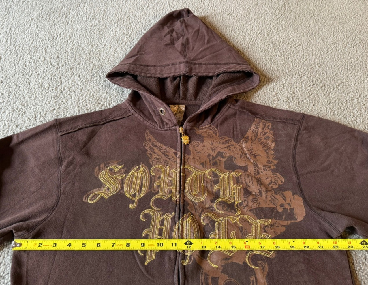 VTG Y2K South Pole Brown Metallic Gold Spell Out Zip Front Hoodie – Size Large