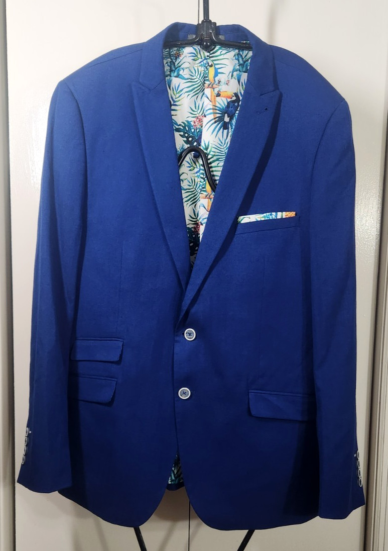 PAISLEY & GRAY Designer Blazer Sports Jacket 46R Blue Tropical Print Hanky NEW