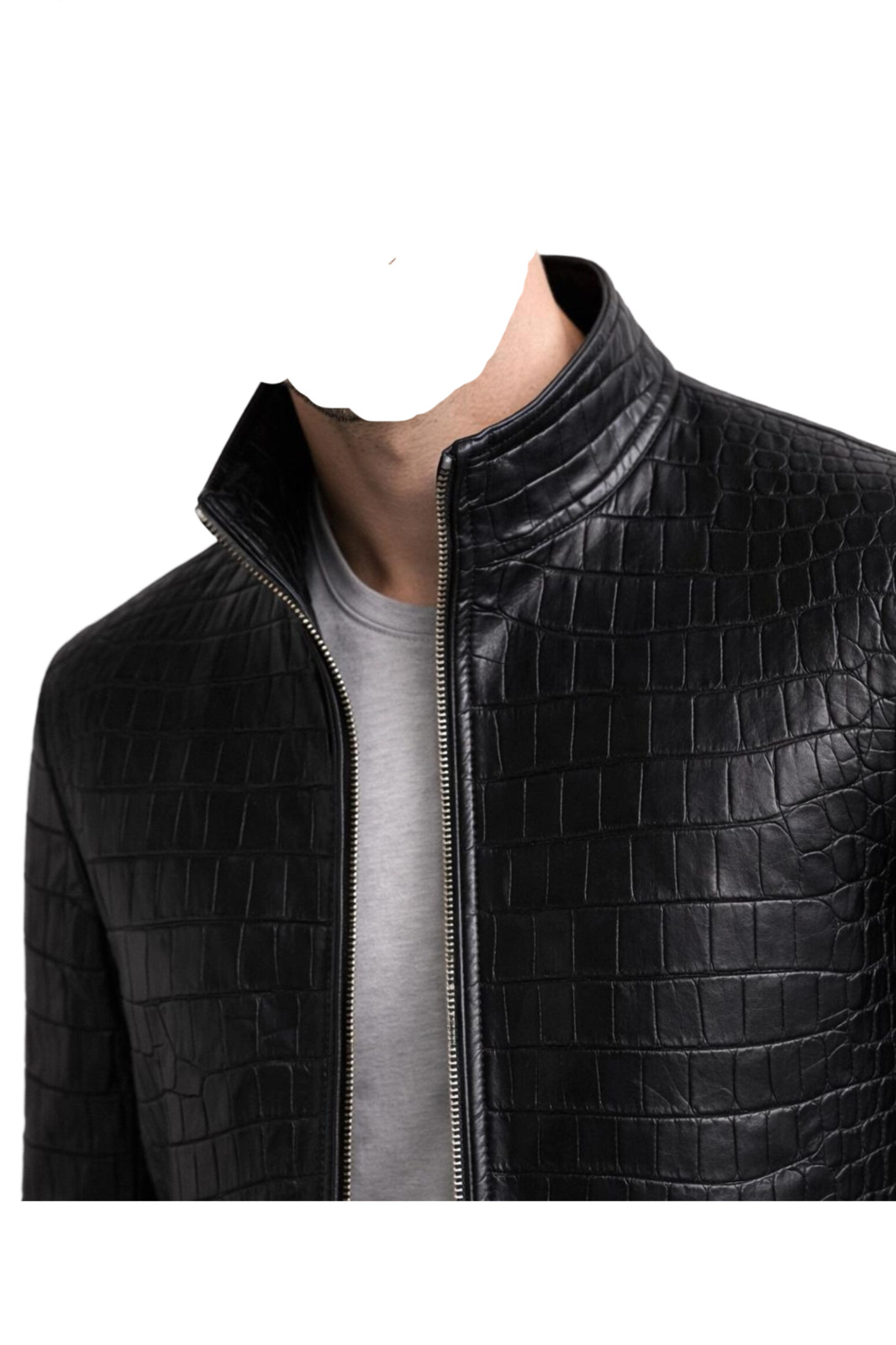 Men’s Black Real Leather Jacket Crocodile Print Designer Zipper Biker Jacket