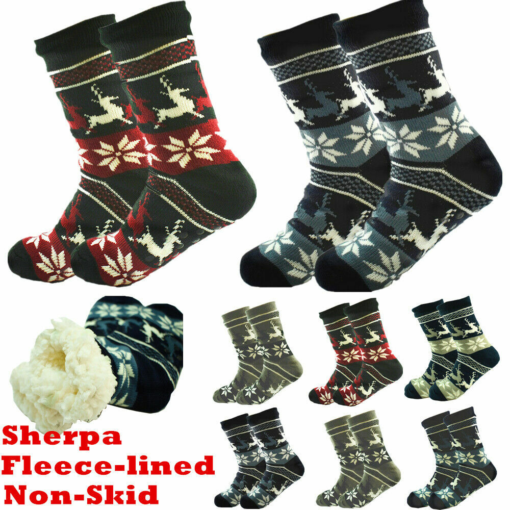 Men Fuzzy Thick Sherpa Fleece Lined Cozy Knit Non-Skid Deer Slipper Socks Lot