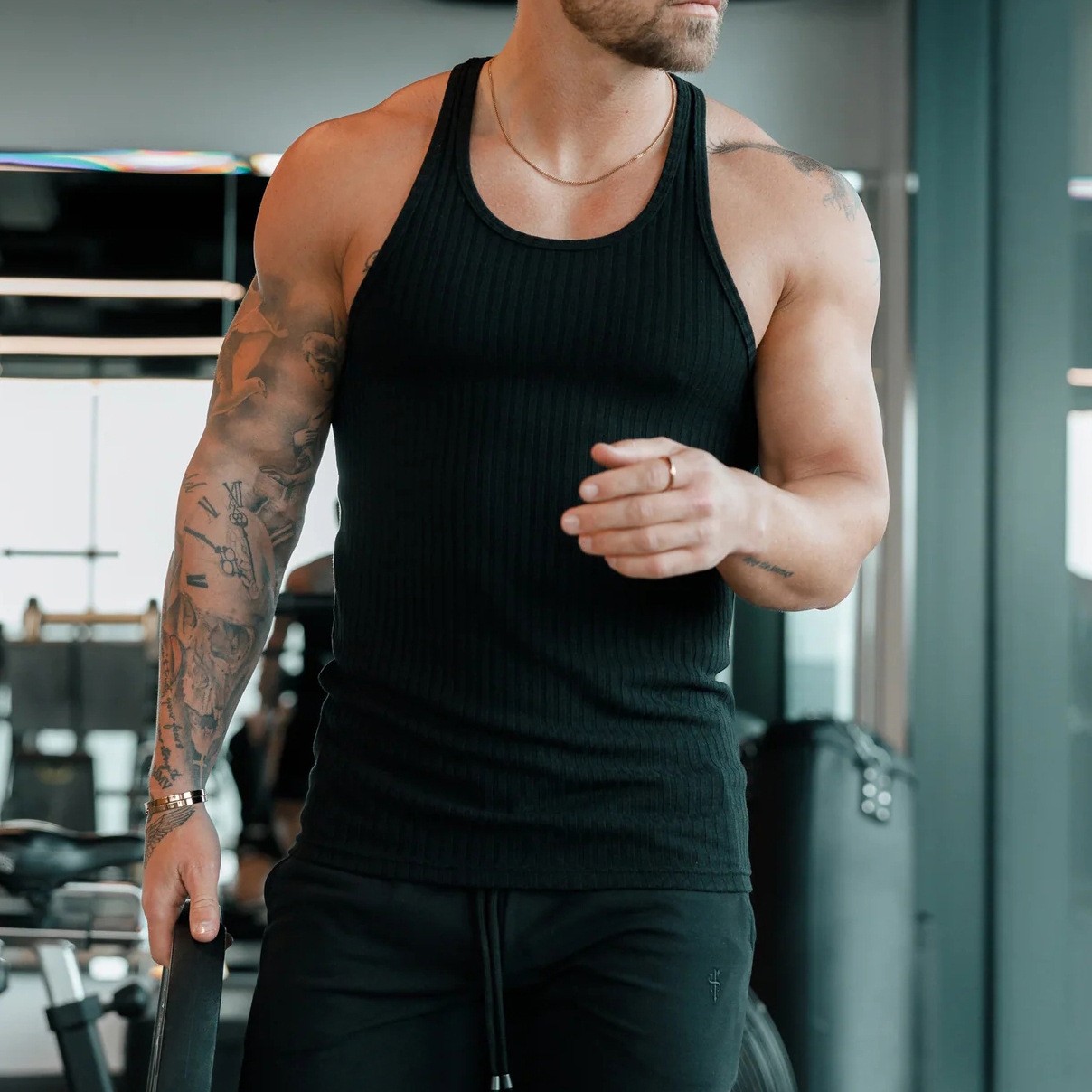 Summer Men’s Knit Vertical Stripe Wide Strap Athletic Tank Top