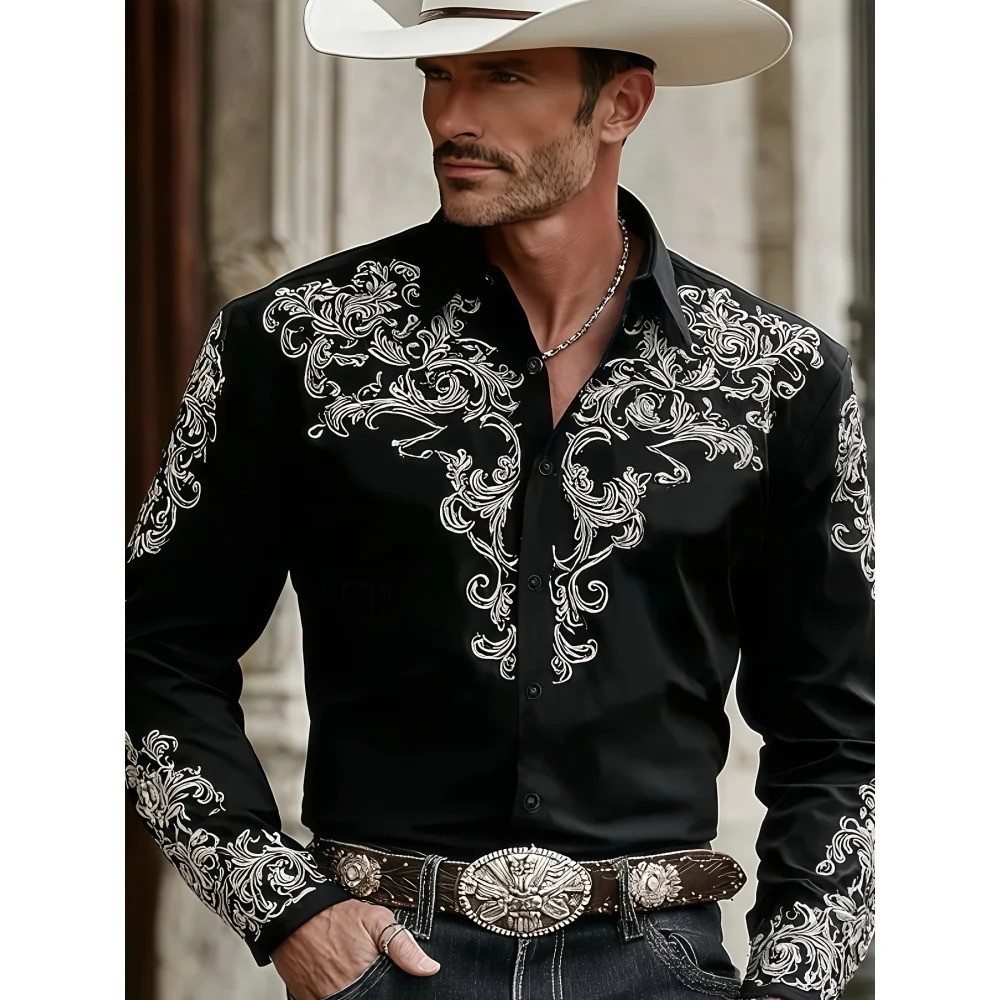 Men’s Western Cowboy Shirt Long Sleeve Retro Printing Casual Buttons Down Shirt