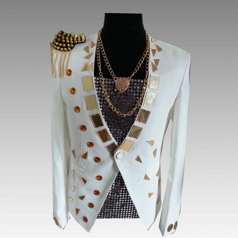 Men Glitter Sequins Suit Jacket Blazer Tassels Epaulet Stage Costume Gothic