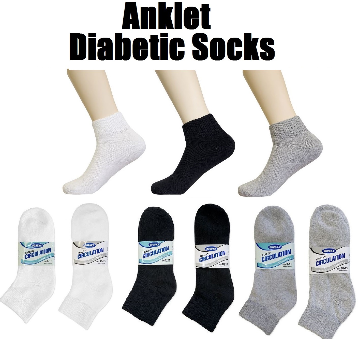 3 6 12 Pairs Mens Womens Anklet Diabetic Circulation Socks Lot Buruka 9-11 10-13