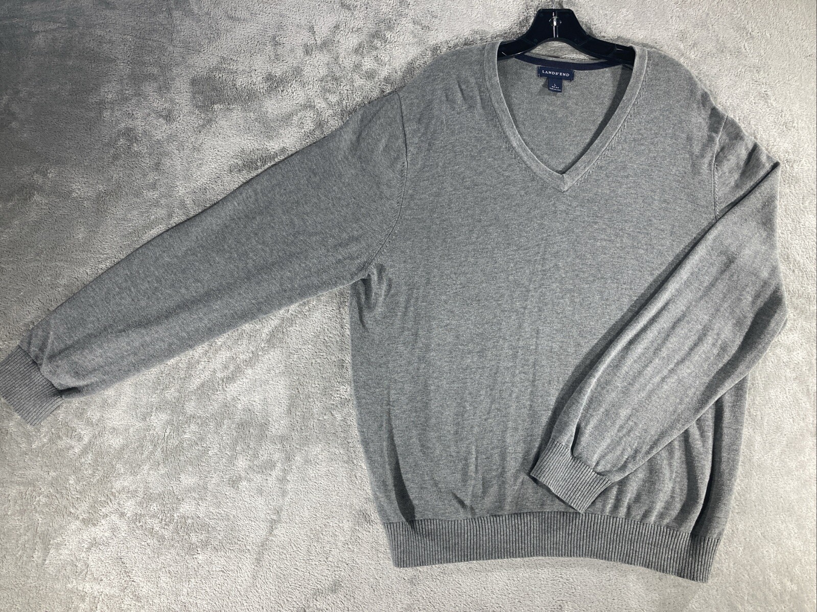 Lands End Sweater Mens Large Gray Long Sleeve V Neck Pullover 100% Baumwolle