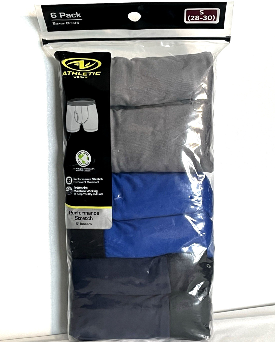 Athletic Works Men’s Boxer Briefs SZ Small 6-Pk Performance Stretch w/ Fly 6″ In