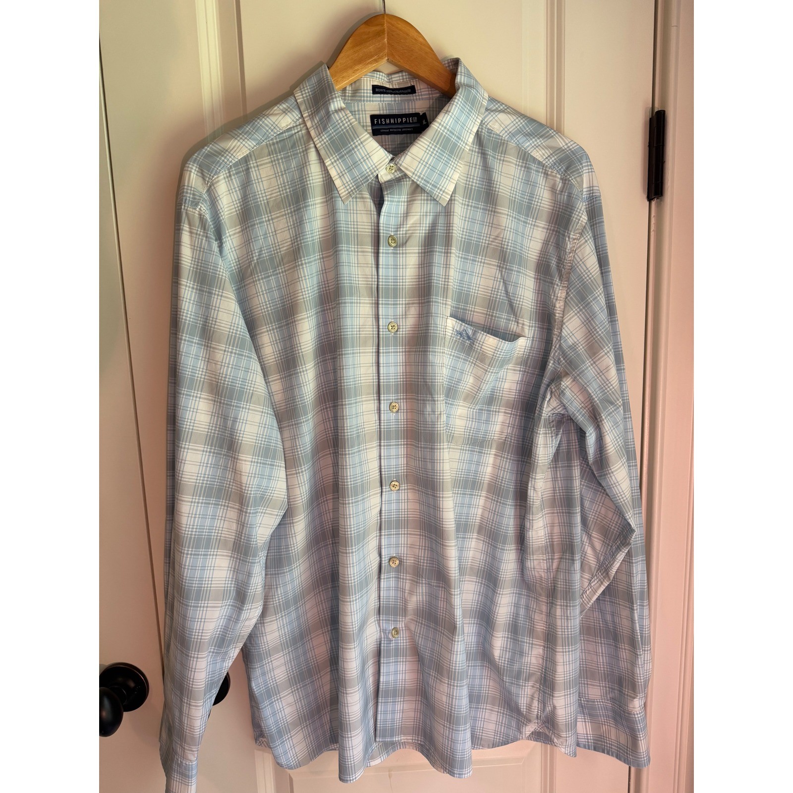 Fish Hippie Co Rowe Performance Plaid Shirt Mens XL Blue White Long Sleeve