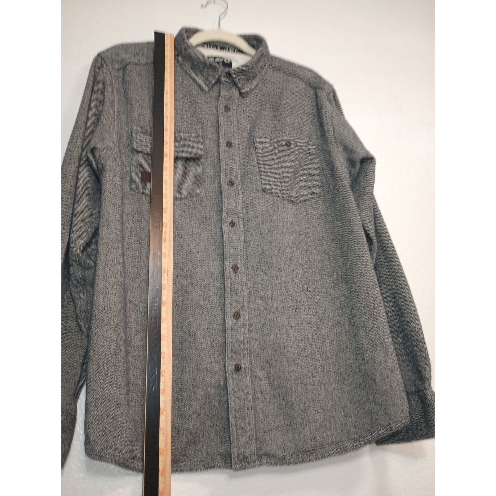 Kavu Mens Herringbone Button Down Shirt Grey White Long Sleeve Large Gorpcore