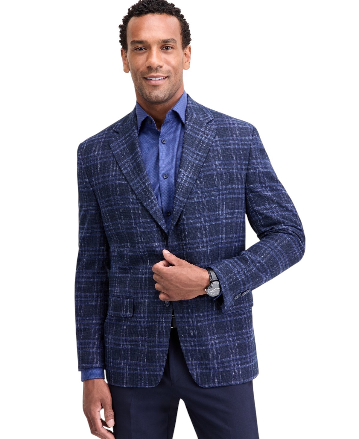 Michael Kors Mens Classic fit Knit Sport Coat Blazer 44 L Navy Blue Plaid