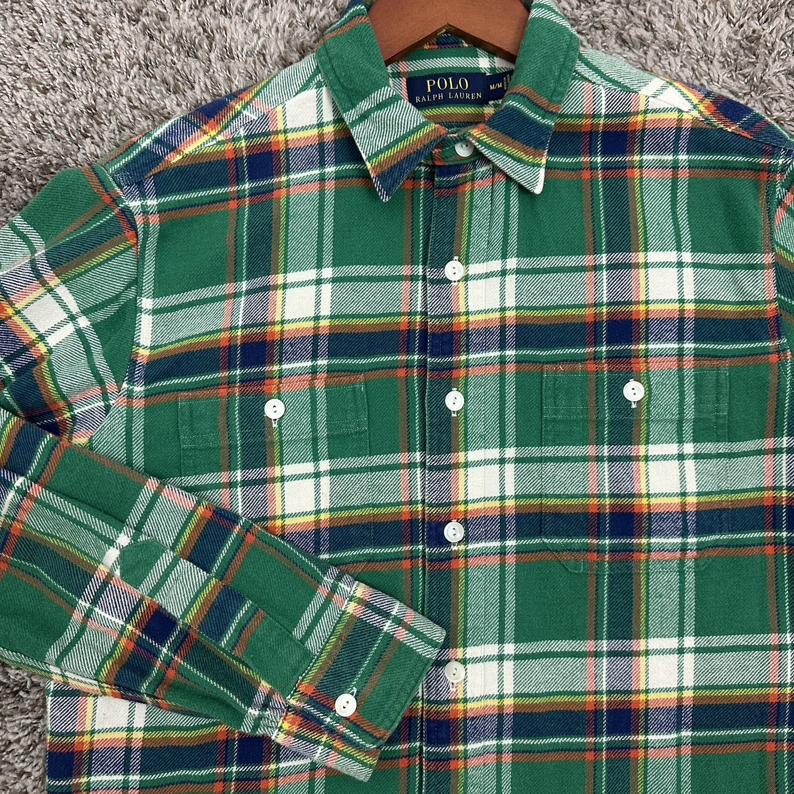 Polo Ralph lauren shirt Mens M chin strap workshirt Green Flannel Thick Plaid