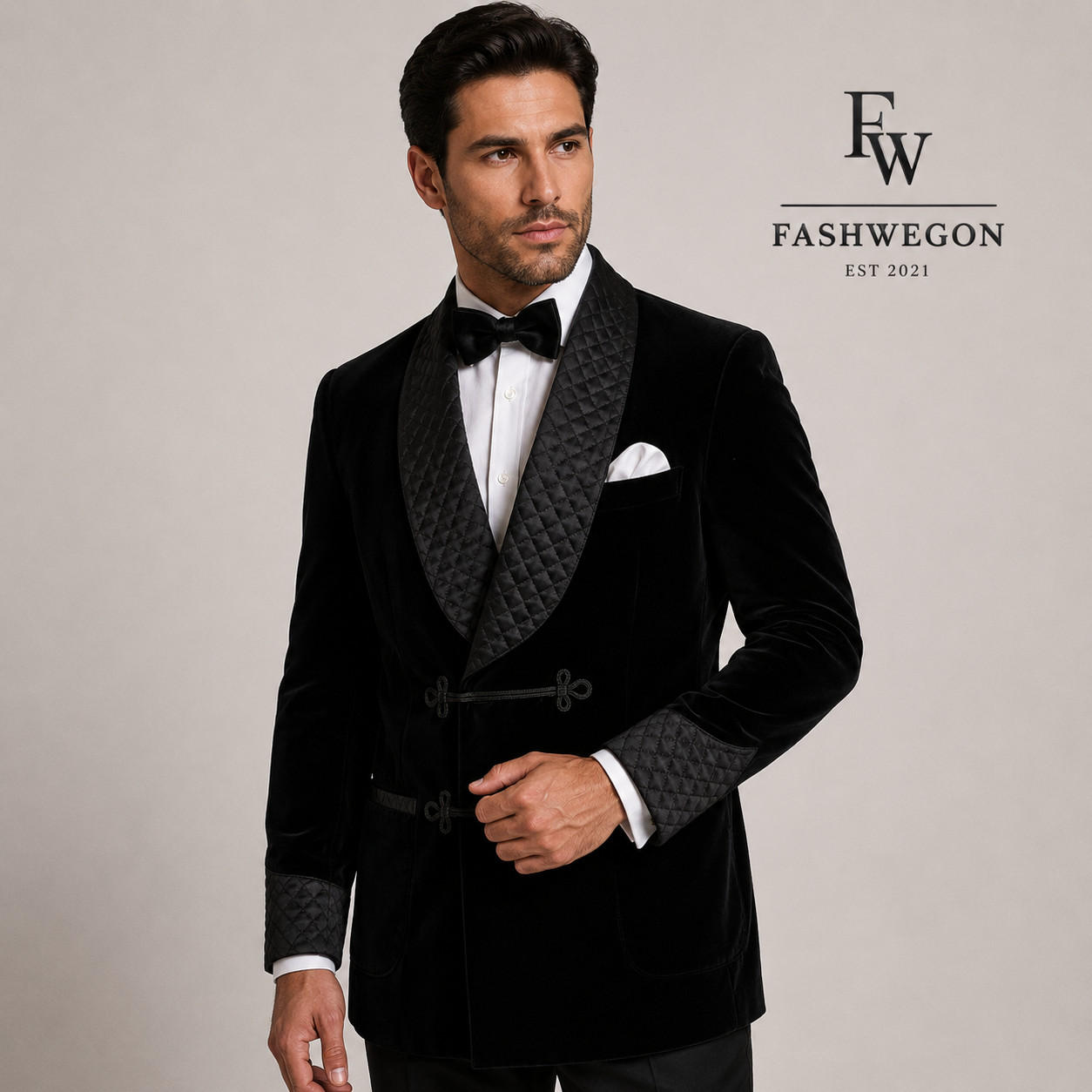 FASHWEGON Black Velvet Smoking Jacket Quilted Satin Shawl Lapel Close-Up