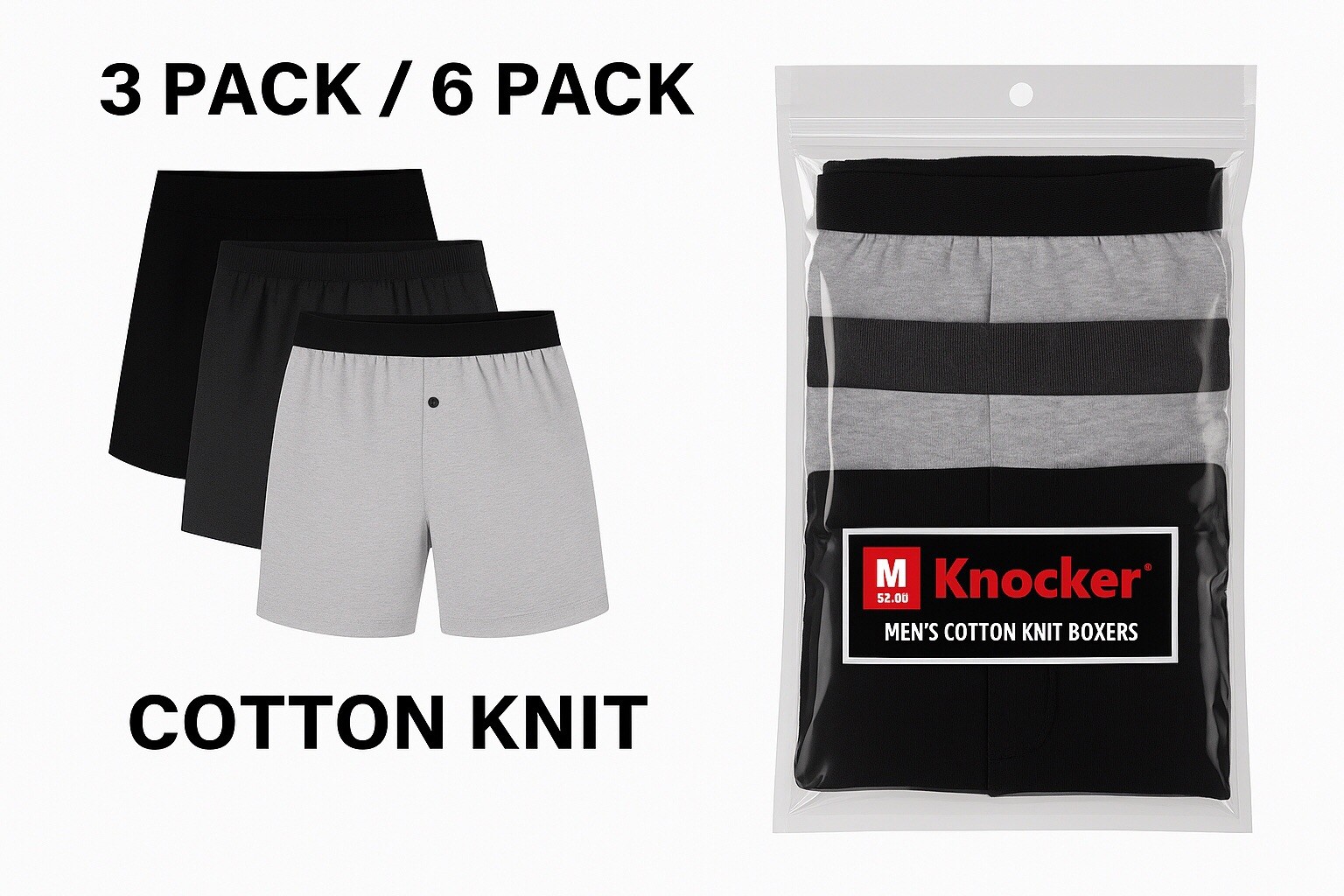 Knocker Boxer Shorts Men’s 3 6 Pack Cotton Knit Solid Underwear S- XL