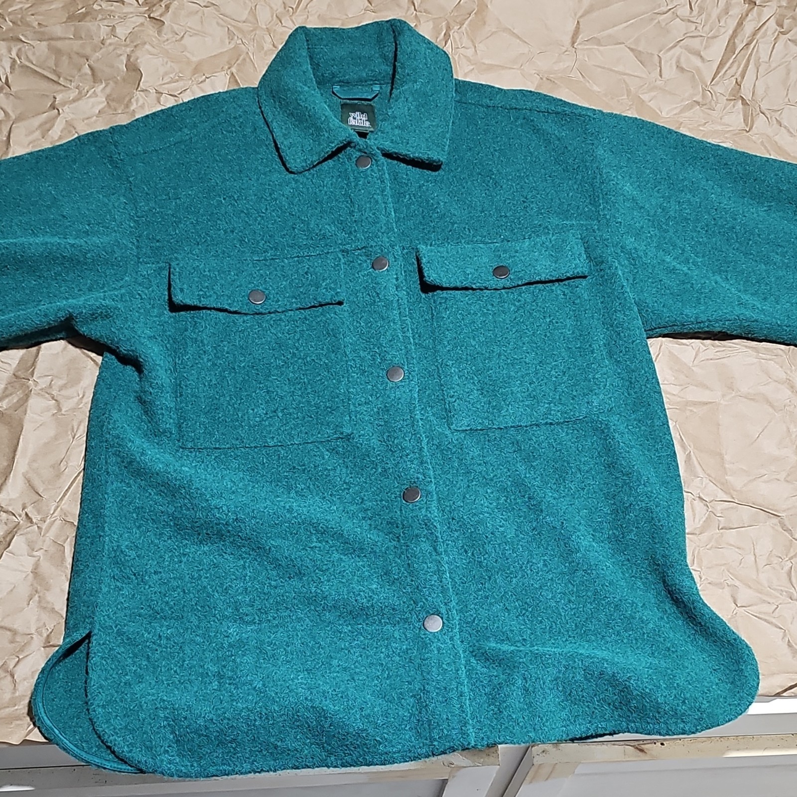 Wild Fable Woman’s Green Solid Button-Up Shirt Jacket S Point Collar Pockets