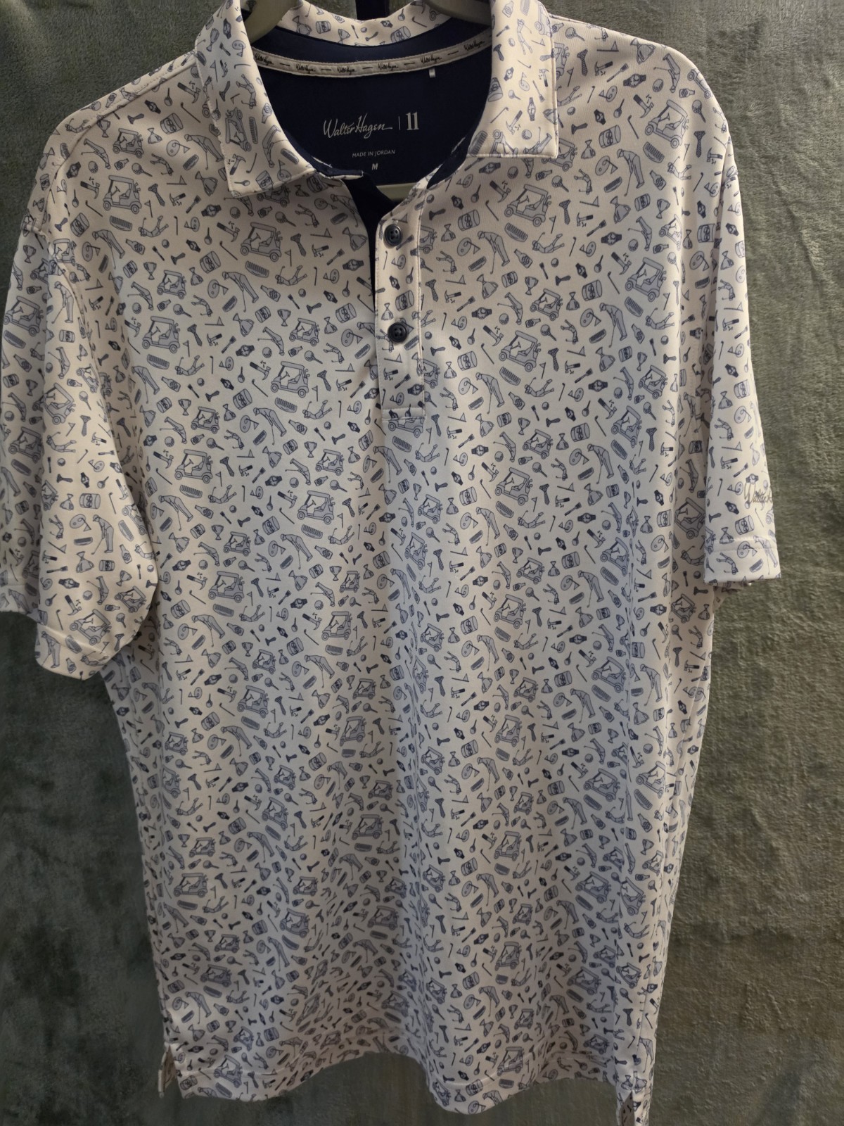 Walter Hagen 11 Golf Polo Shirt Men’s Medium White Blue Golf Print Stretch