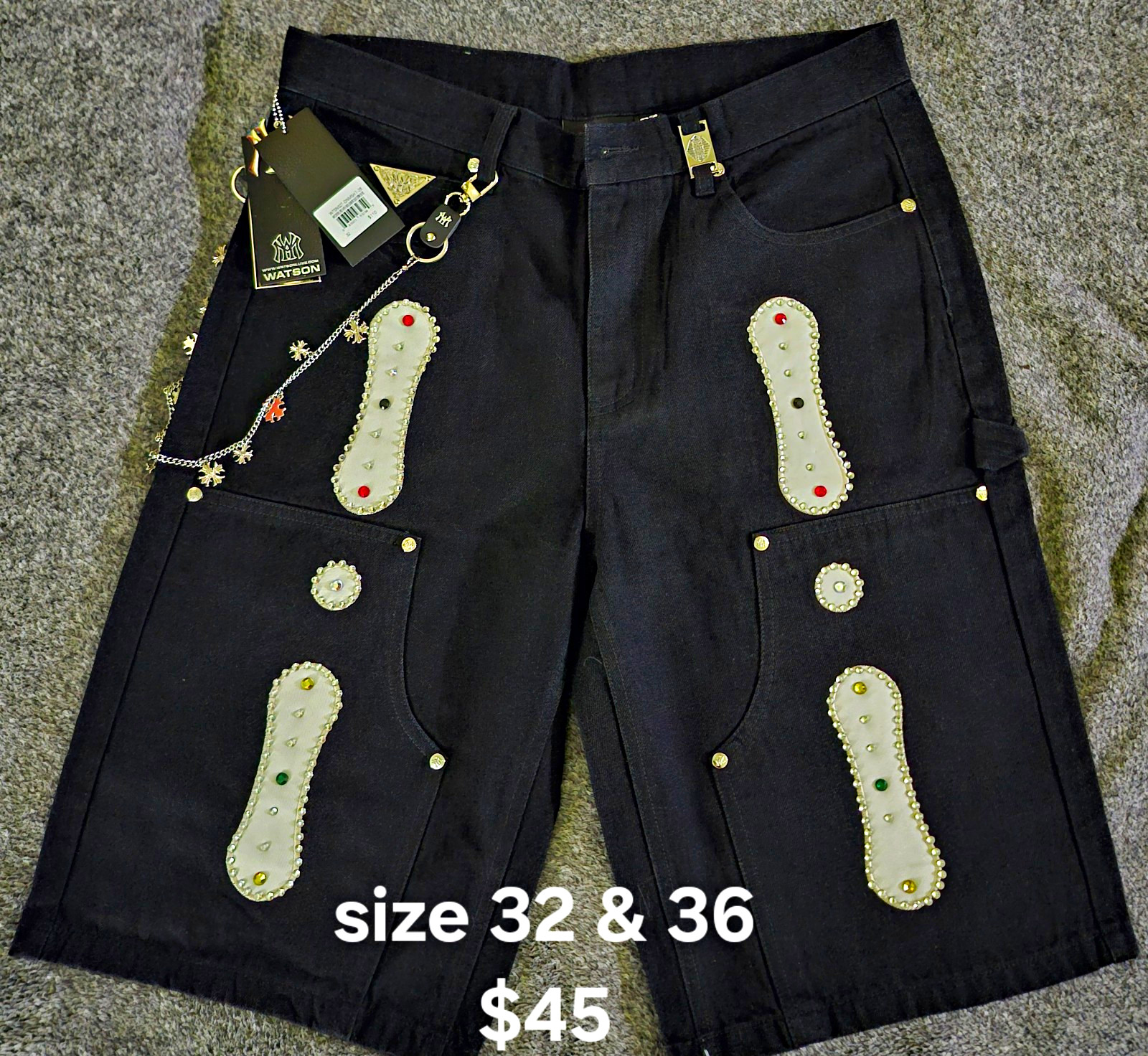Watson Black Denim Cargo Shorts Men Studded Rhinestone Chain Zip Pockets
